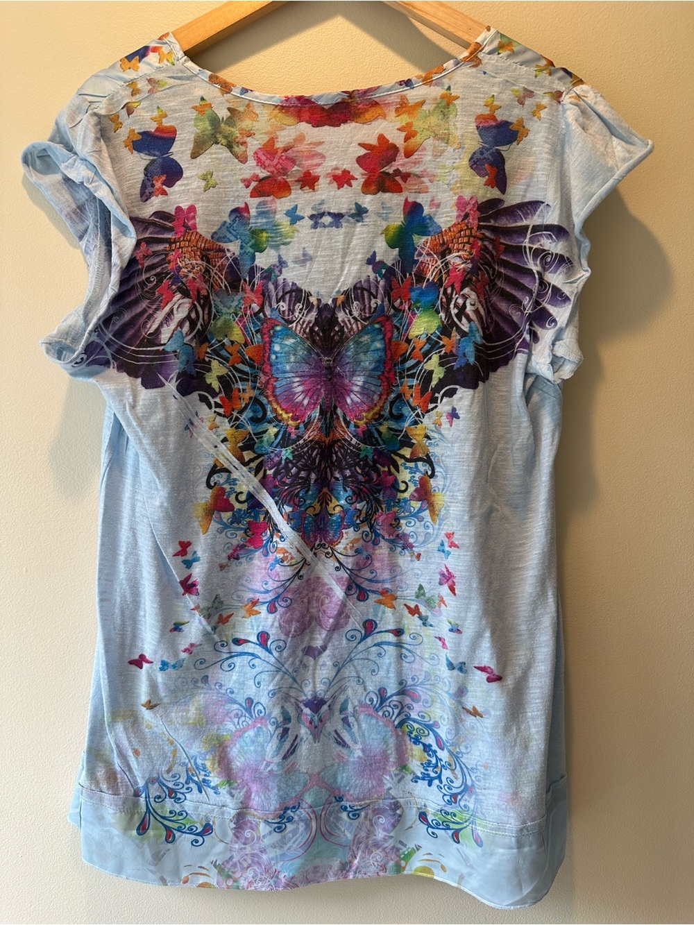 Cato Light Blue Short Sleeve Tee with Multicolor Butterfly Wings - Picture 7 of 7